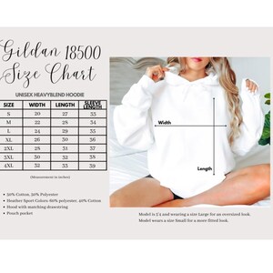 May include: White unisex heavyblend hoodie with a size chart. The chart shows measurements in inches for sizes S to 4XL, including width, length, and sleeve length. The hoodie is 50% cotton and 50% polyester, with a hood and drawstring.