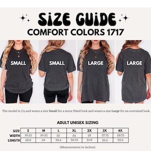 May include: Size guide for Comfort Colors 1717 t-shirts. The image shows models wearing Small and Large sizes. The size chart provides measurements in inches (converted to cm) for adult unisex sizing, including width and length for sizes S through 4X.