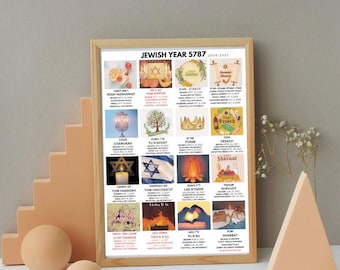 Jewish Holiday Calendar 2026–2027 Hebrew Year 5787 Judaica Wall Art Print