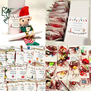 May include: A Christmas advent calendar with a red and white elf doll, a white box with a red ribbon, and 20 small bags with red and white string, each with a numbered tag that says "A gift for you" and a date in December.