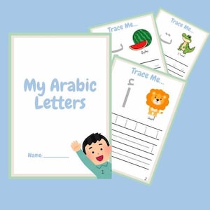 May include: Arabic alphabet tracing worksheet with the title "My Arabic Letters". The worksheet includes 28 tracing pages, each with a letter, guided tracing, and illustrations. The text says it is easy to use and a digital download.