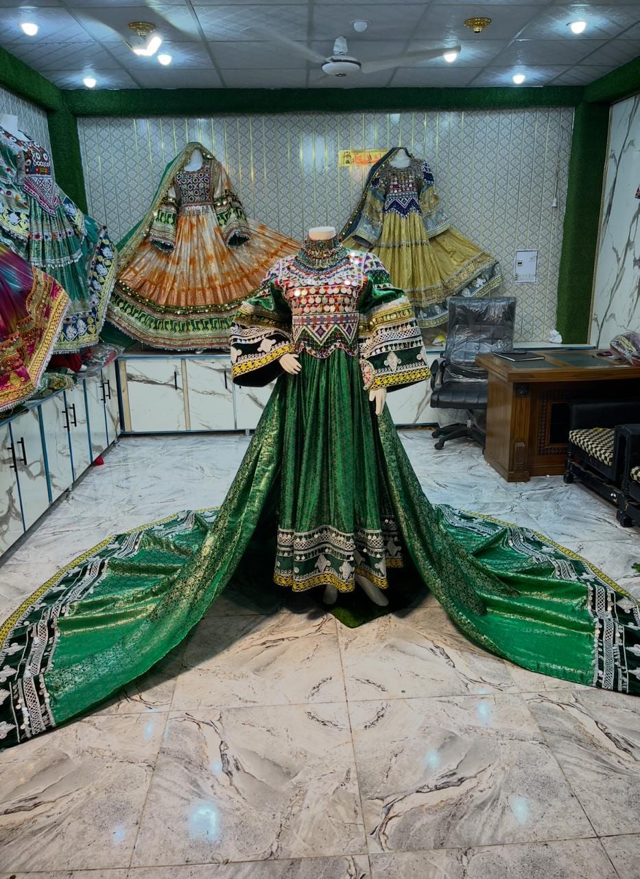 Afghan Nikkah Dress: Green Log Tail, Coins & Charmadozi