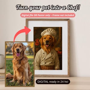Custom Pet Chef Portrait, Funny Dog or Cat in Chef Outfit, Personalized Pet Art, Gift for Pet Lovers, pet portrait customs, Kitchen Decor