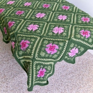 CLEARANCE - Rose of Sharon Bedspread 58”x80” / Pink Crochet / Floral Throw / Pink and Green Floral Afghan Blanket / Country Themed Décor