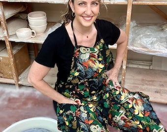Pottery Apron, Owl Print - Full Coverage, Split Leg, 2 Pockets - for Ceramic Wheel Throwing, Clay Artists & More!