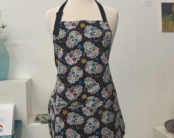 Reversible Unisex Apron: Large Sugar Skull Print (Standard Length) for Crafting, Gardening, Art, Pottery, Cooking & More!