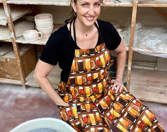 Pottery Apron, Beer Print - Full Coverage, Split Leg, 2 Pockets - for Ceramic Wheel Throwing, Clay Artists & More!