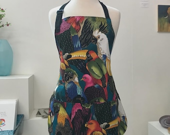 Reversible Unisex Apron: Parrot Print (Standard Length) for Crafting, Gardening, Art, Pottery, Cooking & More!