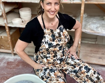 Pottery Apron, Puppy Print - Full Coverage, Split Leg, 2 Pockets - for Ceramic Wheel Throwing, Clay Artists & More!