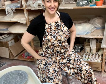 Pottery Apron, Cappuccino Print - Full Coverage, Split Leg, 2 Pockets - for Ceramic Wheel Throwing, Clay Artists & More!