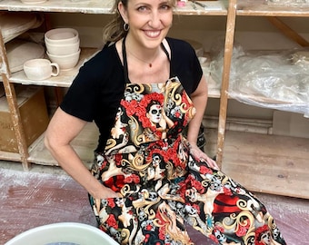 Pottery Apron, Day-of-the-Dead Ladies 2 (Bright) Print - Full Coverage, Split Leg, 2 Pockets, for Ceramic Wheel Throwing & Clay Artists