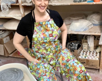 Pottery Apron, Garden Party Print - Full Coverage, Split Leg, 2 Pockets - for Ceramic Wheel Throwing, Clay Artists & More!