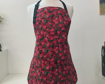 Reversible Unisex Apron: Strawberry Print (Standard Length) for Crafting, Gardening, Art, Pottery, Cooking & More!