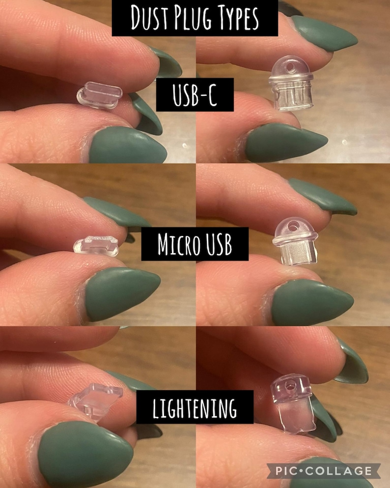 Pode incluir: Uma colagem mostrando v&aacute;rios tipos de tamp&otilde;es de poeira transparentes para dispositivos eletr&ocirc;nicos. A imagem apresenta plugues USB-C, Micro USB e Lightning, cada um com um r&oacute;tulo indicando o tipo de plugue. O texto "Dust Plug Types" est&aacute; no topo.