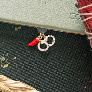 May include: A silver charm with a red chili pepper and silver handcuffs. The charm is attached to a gold chain.