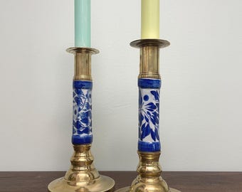 Set of 2 Vintage Blue Floral Ceramic Delft Style Solid Brass Candle Sticks