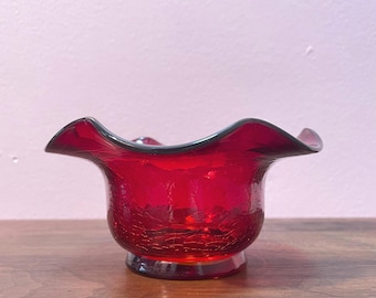 Vintage Cadium Glass Red Amberina Crackle Art Glass Ruffle Bowl ORANGE UNDER UV
