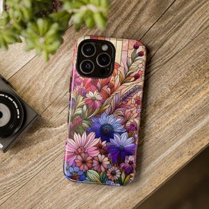 Stained Glass Floral Phone Case, Tough Cases with Colorful Flowers, Vibrant Protective Cover for Nature Lovers, Gift for Her