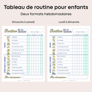 May include: Two printable chore charts for children. The top text reads "Tableau de routine pour enfants" and "Deux formats hebdomadaires". One chart is for Sunday to Saturday, the other is for Monday to Sunday. Each chart has a space for the child's name.