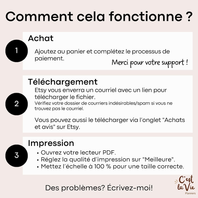 May include: A beige infographic with the title "Comment cela fonctionne?" in French. It details the steps for purchasing, downloading, and printing a digital product, including the text "Merci pour votre support!" and "C'est la Vie Planners".