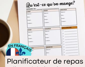 Planificateur de repas avec liste d'épicerie en français à imprimer | Organisation de la vie de famille