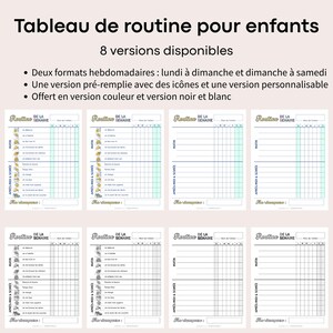 Tableau de routine pour enfants
8 versions disponibles
Deux formats hebdomadaires : lundi à dimanche et dimanche à samedi
Une version pré-remplie avec des icônes et une version personnalisable
Offert en version couleur et version noir et blanc