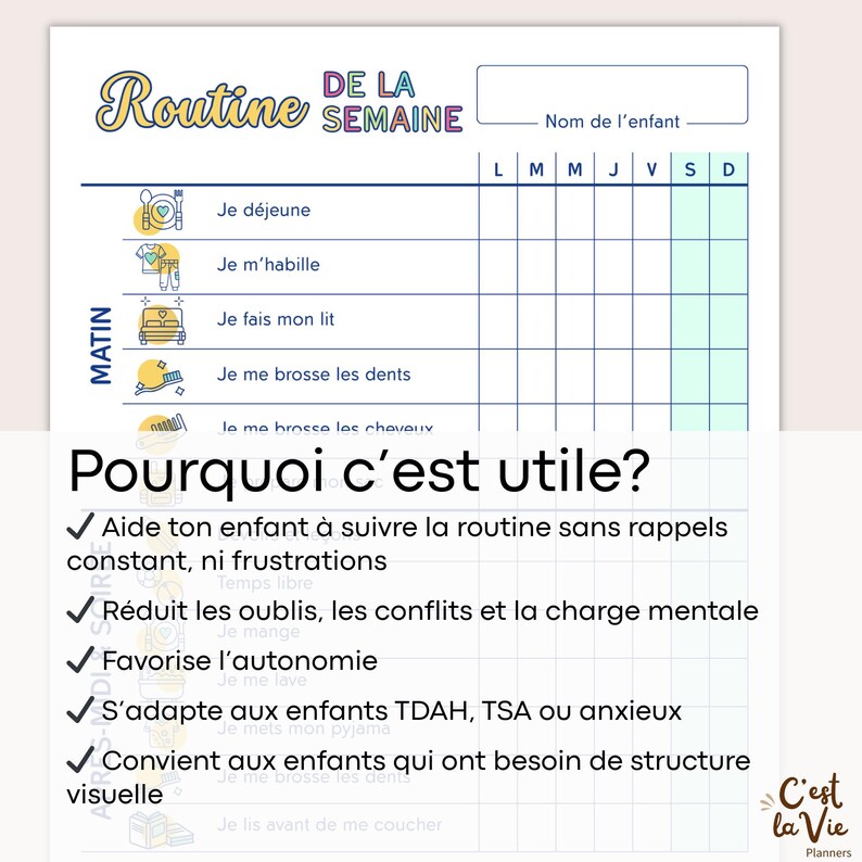 ✔ Aide ton enfant à suivre la routine sans rappels constant, ni frustrations

✔ Réduit les oublis, les conflits et la charge mentale

✔ Favorise l’autonomie

✔ S’adapte aux enfants TDAH, TSA ou anxieux

✔ Convient aux enfants qui ont besoin de structure visuelle
Pourquoi c’est utile?