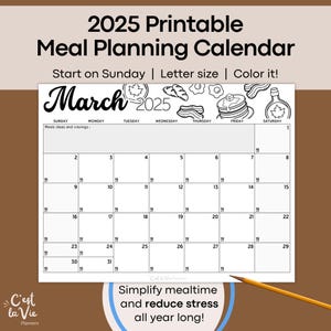 Planificador de comidas familiar imprimible de marzo de 2025 / Calendario tamaño carta / Planifique menús semanales, controle comidas y organice recetas con sección de notas