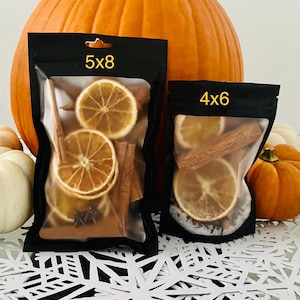 May include: Two black pouches labeled "5x8" and "4x6" filled with dried orange slices, cinnamon sticks, and spices. The pouches are in front of a large orange pumpkin and smaller white pumpkins.