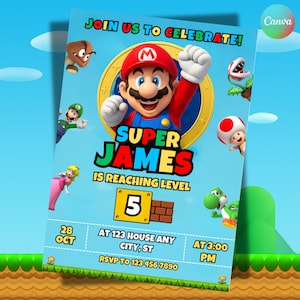 Editable Mario Bros Invitation, Super Mario Birthday Invitation, Printable Birthday Party Invitations, Digital Bday Party Invite Template