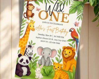 Editable Safari First Birthday Evite, Wild One Birthday Boy Invitation, 1st Birthday Digital Invite, Jungle First Birthday Evite template.