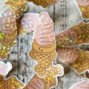 Taiyaki Strawberry Ice Cream Cone Japanese Dessert - Handmade Holographic Waterproof Sticker Decal for Bottle, Journal, Laptop, BUJO