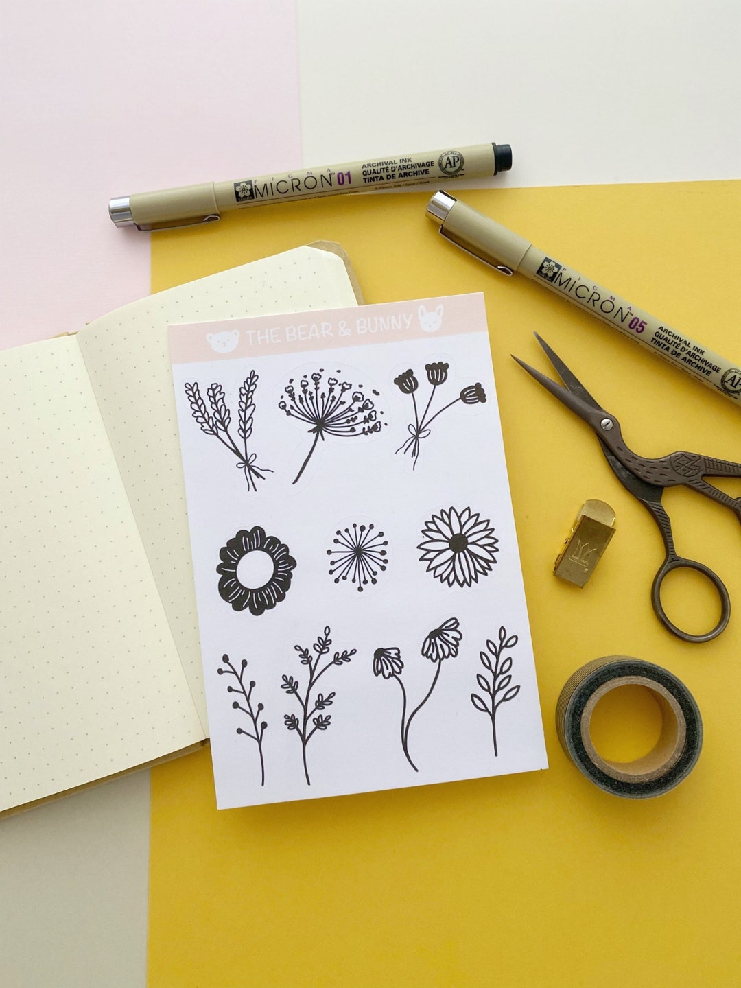 Simple Black and White Flowers and Leaves - Handmade Sticker Sheet for ...
