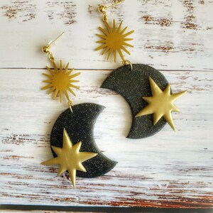 Calisto | Black & Glitter Moon + Gold Starburst | Polymer Clay Earrings