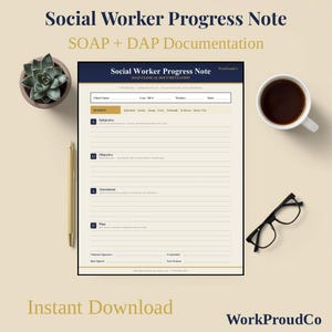Puede incluir: Una plantilla de nota de progreso para trabajadores sociales con secciones de documentación SOAP y DAP. El documento incluye campos para el nombre del cliente, ID, trabajador y fecha, con áreas estructuradas para notas subjetivas, objetivas, de evaluación y de plan.