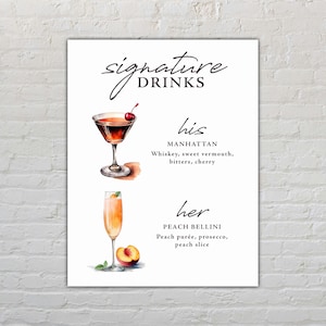 Signature Cocktail Sign – Manhattan and Peach Bellini – Instant Download | Wedding Bar Menu | His & Hers Drinks | Customizable Option