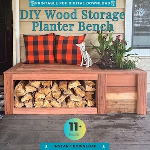 May include: A DIY wood storage planter bench made of reddish-brown wood. The bench has a section for firewood and a built-in planter. Two orange and black plaid pillows rest on top. The text "DIY Wood Storage Planter Bench" is visible.
