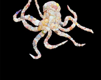 Seashell Octopus Wall Art – Coastal Beach Decor Made with Real Seashells – Ocean-Themed Nautical Artwork