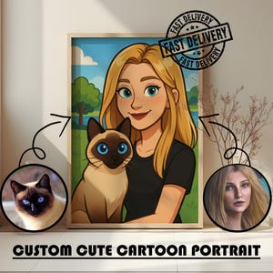 Portrait de dessin animé mignon personnalisé à partir d'une photo, dessin personnalisé d'animal de compagnie et de son propriétaire, photo à dessin animé, cadeau personnalisé pour les amoureux des animaux de compagnie