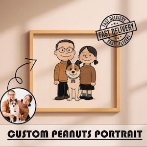 Portret w stylu Peanuts ze zdjęcia, spersonalizowany rysunek pary lub rodziny z kreskówki, spersonalizowany prezent, minimalistyczny portret z kreskówki