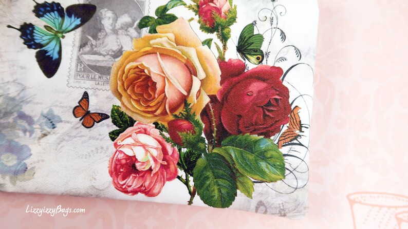 Zipper Closure Romantic Rose Makeup Bag in Beige On the Go Samsung Galaxy Note Bag iPhone Everyday Organizer Scrapbook Journal bag