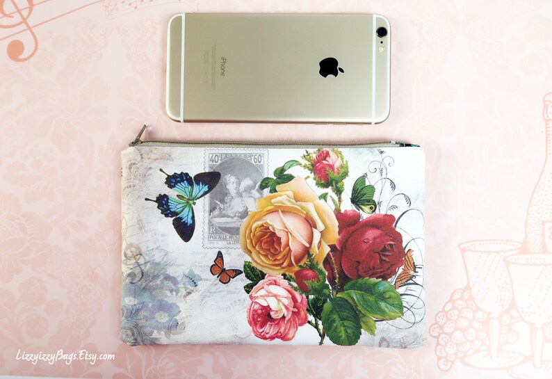 Zipper Closure Romantic Rose Makeup Bag in Beige On the Go Samsung Galaxy Note Bag iPhone Everyday Organizer Scrapbook Journal bag