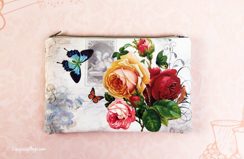 Zipper Closure Romantic Rose Makeup Bag in Beige On the Go Samsung Galaxy Note Bag iPhone Everyday Organizer Scrapbook Journal bag