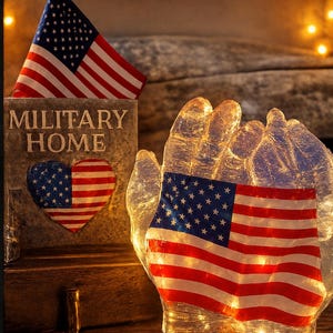 Può includere: Una targa rettangolare grigia con il testo MILITARY HOME e una bandiera americana a forma di cuore, accompagnata da una piccola bandiera americana e da una scultura traslucida e illuminata di due mani a coppa.
