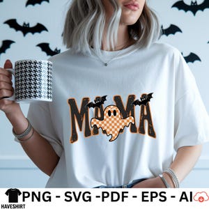 Mama Halloween PNG | Retro Varsity Ghost Mom Life Shirt Design | Checkered Distressed Fall PNG for Sublimation & DIY Apparel