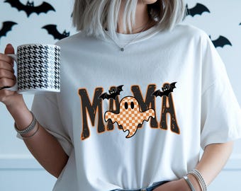 PNG de Halloween de mamá retro: Diseño de camiseta de mamá fantasma a cuadros (descarga digital)