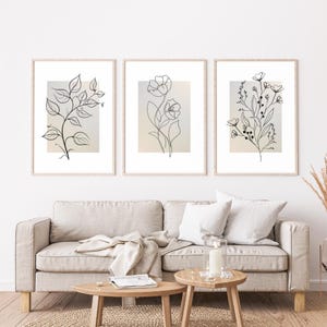 Set of 3 Neutral Botanical Prints, Flower Line Art Prints, Minimalist Beige Wall Decor for Modern Bedroom and Living Room, Printable Art