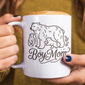 Boy Mom Bear Mug, Cute Animal Coffee Cup, Gift for Moms, Mothers Day Present, Family Home Decor, Eco Friendly Drinkware, Mom Mug