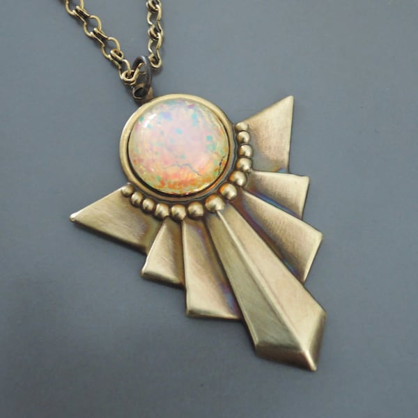 Vintage Jewelry - Art Deco Necklace - Vintage Necklace - Opal Necklace - Geometric Necklace - Brass Necklace - handmade jewelry