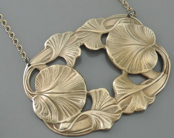 Vintage Art Nouveau Ginkgo Necklace: Brass Boho Pendant